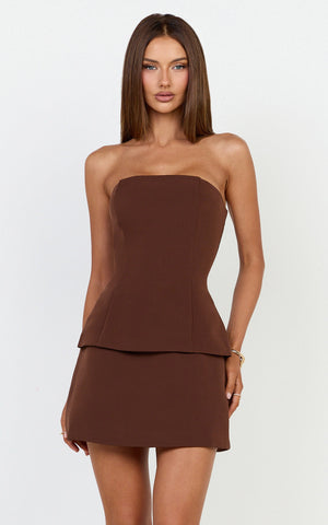 Pauline Two Piece Top and Skirt Set - Strapless A Line Top and Mini Skirt Set in Chocolate