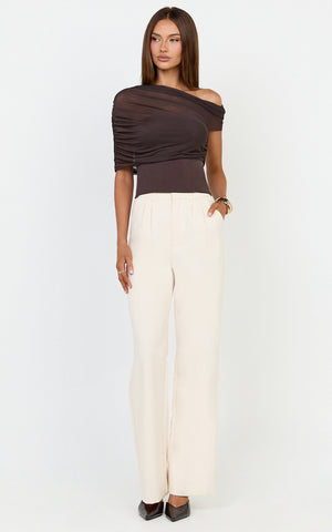 Sophia Top - Draped One Shoulder Mesh Overlay Top in Chocolate
