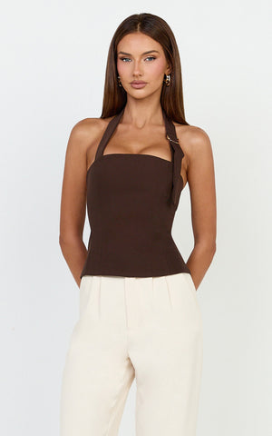 Tyler Top - Adjustable Halter Fitted Top in Chocolate