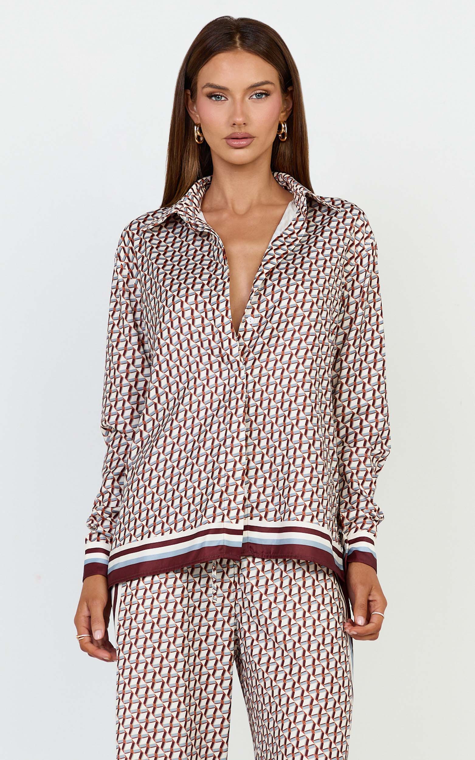Noelle Top - Geo Border Print Button Front Long Sleeve Shirt in Geo Border Print