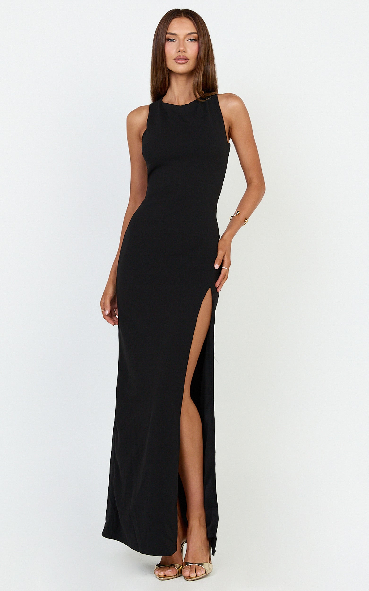 Tonya Maxi Dress - High Neck Cross Back Bodycon Dress in Black