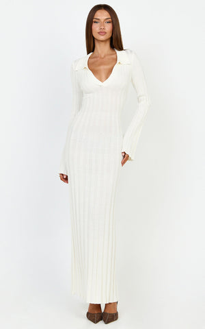Pamela Midi Dress - Ribbed Knit Poli Midi Dress in Off White