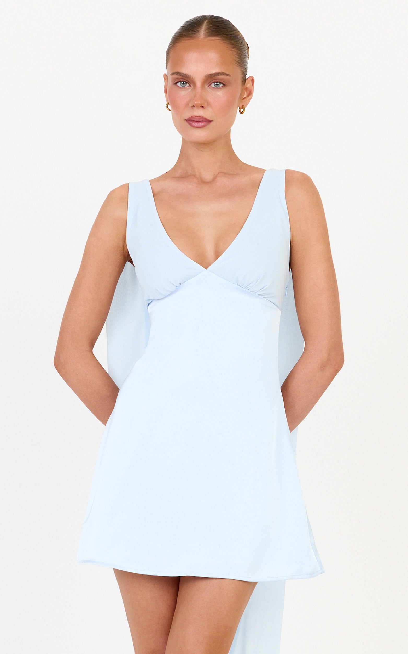 Rowe Mini Dress - Draped Back Shoulder Sash Dress in Soft Blue