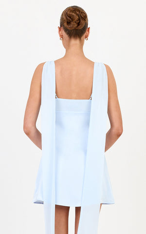 Rowe Mini Dress - Draped Back Shoulder Sash Dress in Soft Blue