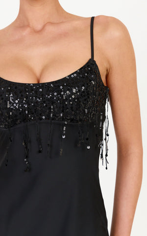 Vina Mini Dress - Sequin Bust Cut Out Back Slip Dress in Black