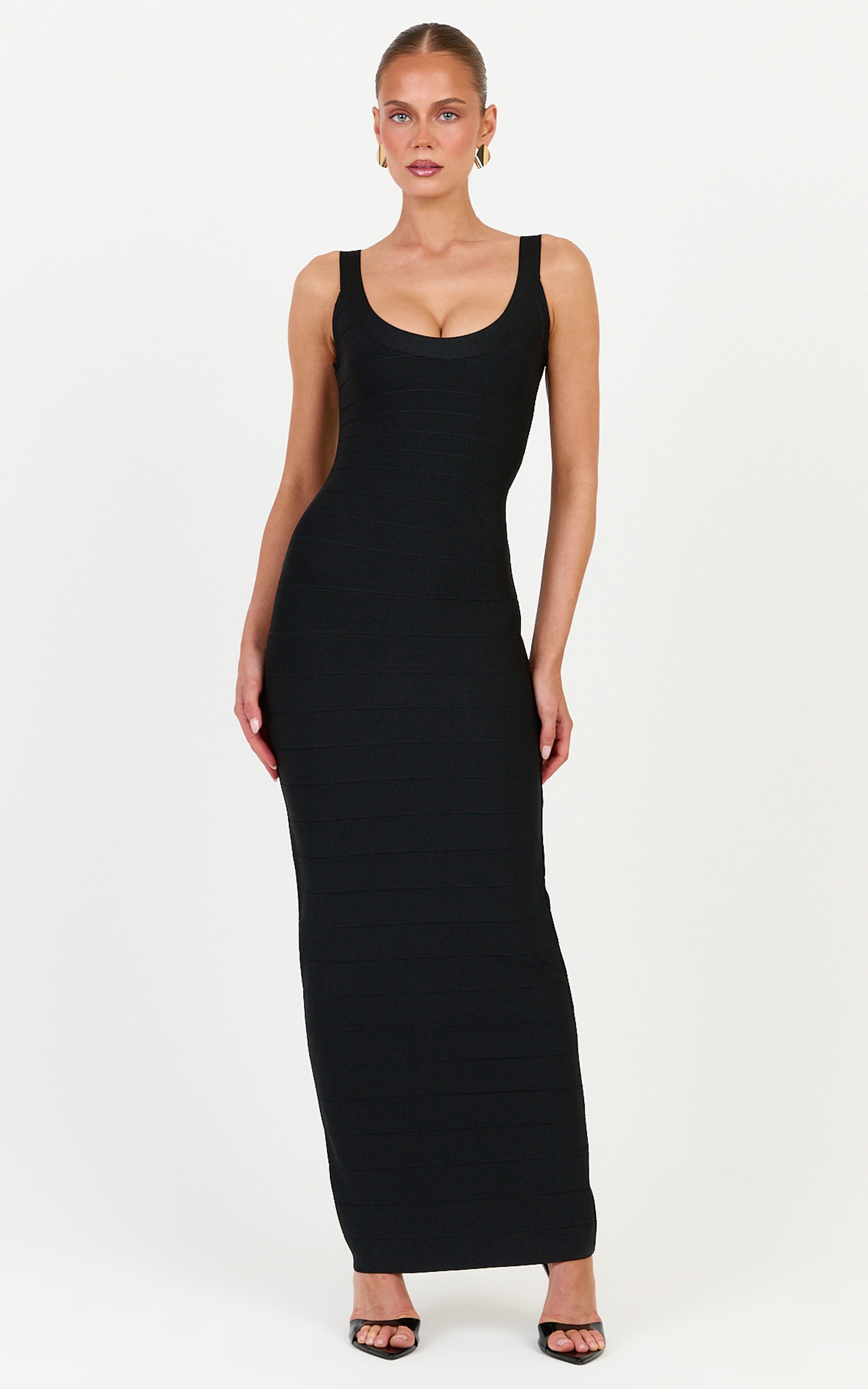 Valentina Maxi Dress - Scoop Neck Bodycon Bandage Dress in Black
