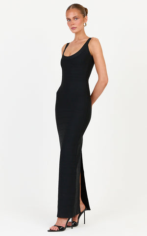 Valentina Maxi Dress - Scoop Neck Bodycon Bandage Dress in Black