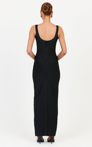 Valentina Maxi Dress - Scoop Neck Bodycon Bandage Dress in Black