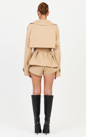 Freya Coat - Oversized Mini Belted Trench Coat in Light Beige