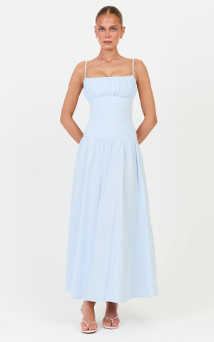 Amira Midi Dress - Gathered Bust Dropped Waist Dress in Pale Blue