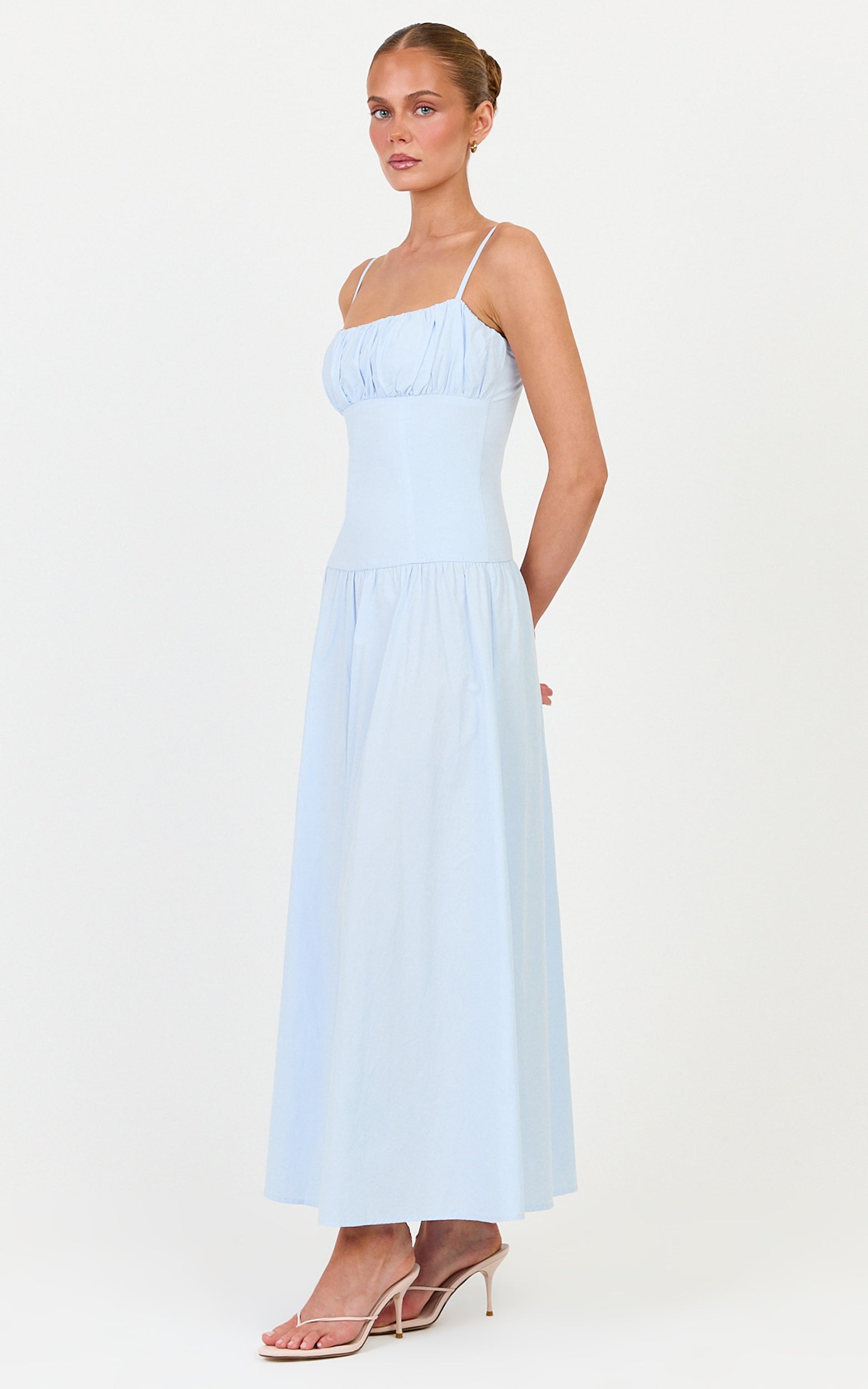 Amira Midi Dress - Gathered Bust Dropped Waist Dress in Pale Blue