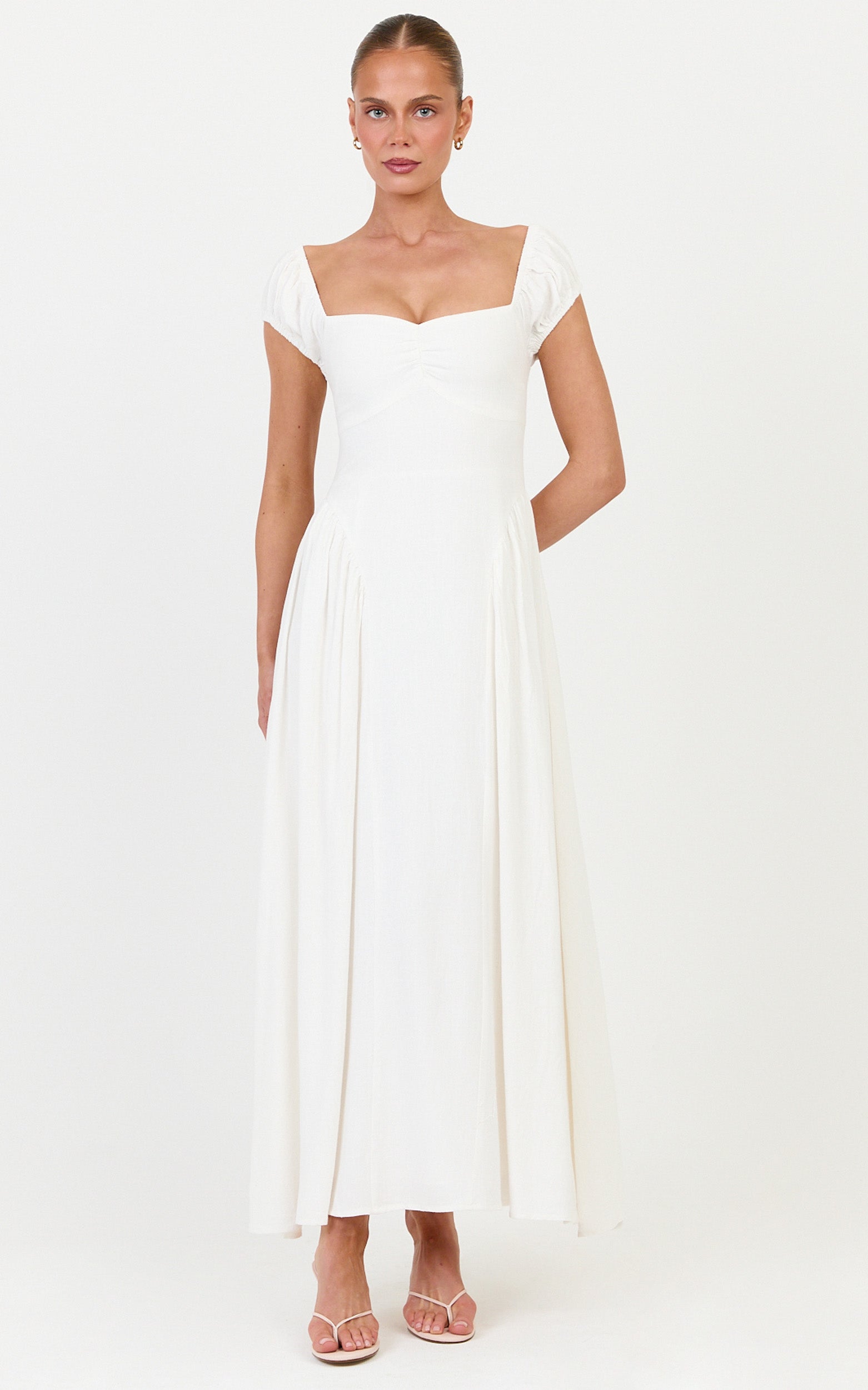 Astrid Midi Dress - Sweetheart Neckline Capped Sleeve Dress in Off White