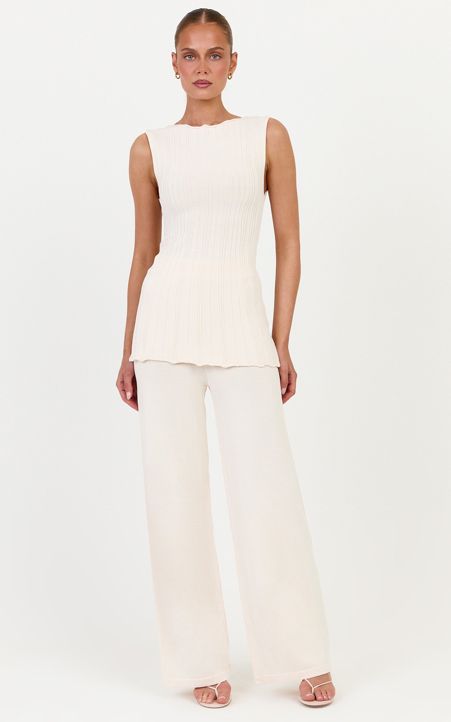 Elodie Two Piece Set - Rib Knit Top and Pant Set in Off White