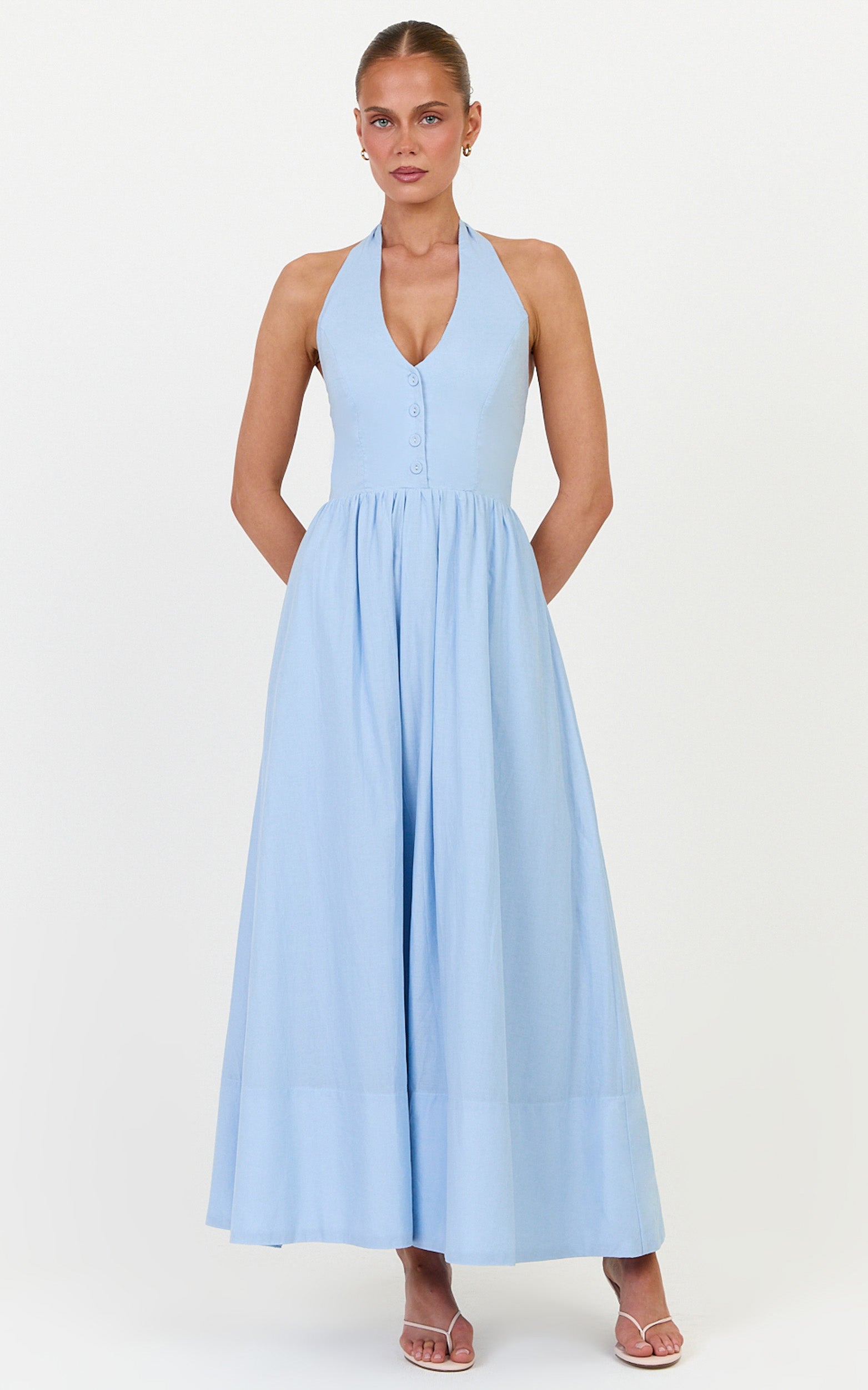Everly Midi Dress - Tie Halter Neck Button Down Bodice Fit And Flare Dress in Cornflower Blue