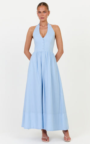 Everly Midi Dress - Tie Halter Neck Button Down Bodice Fit And Flare Dress in Cornflower Blue