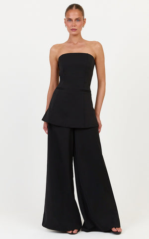 Jane Two Piece Top and Pants Set - Strapless Longline Top and Wide Leg Pants Set in Black