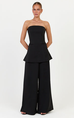 Jane Two Piece Top and Pants Set - Strapless Longline Top and Wide Leg Pants Set in Black