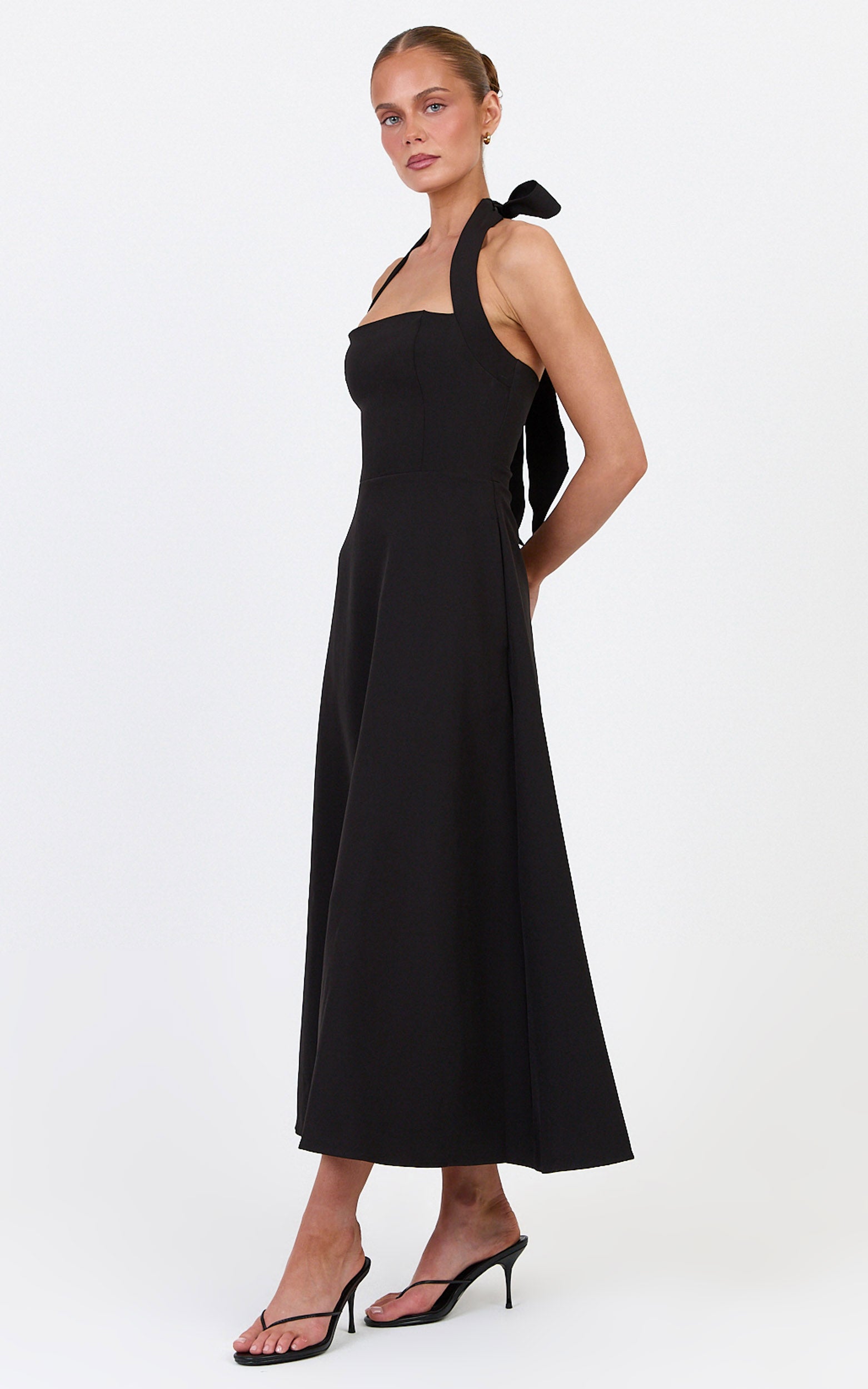 Karissa Midi Dress - Halter Neck Fit and Flare Midi Dress in Black