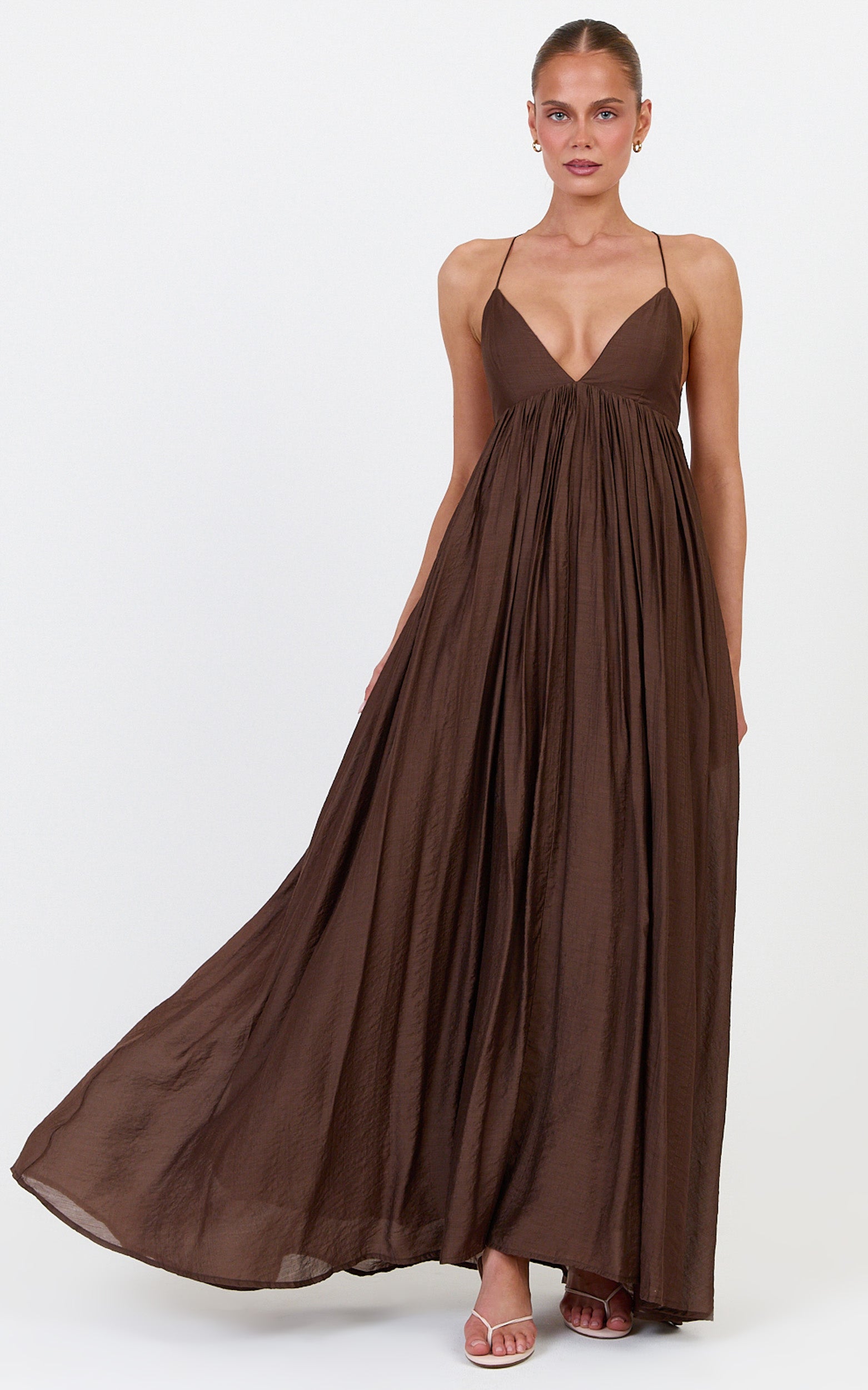 Kourtney Maxi Dress - V Neck Fit And Flare Dress With Tie Back Detail in Chocolate