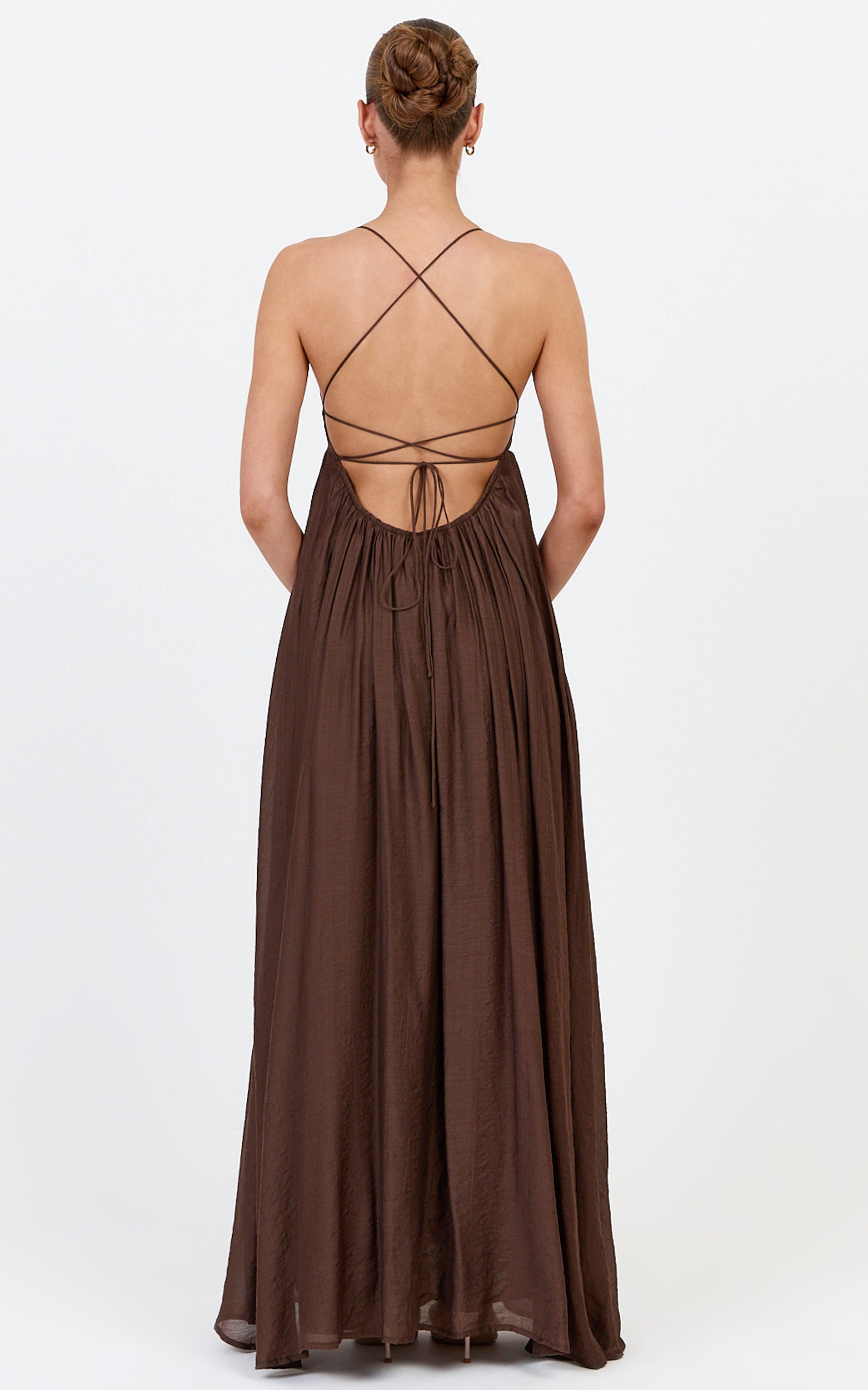 Kourtney Maxi Dress - V Neck Fit And Flare Dress With Tie Back Detail in Chocolate