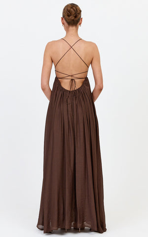 Kourtney Maxi Dress - V Neck Fit And Flare Dress With Tie Back Detail in Chocolate