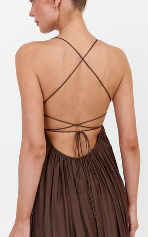Kourtney Maxi Dress - V Neck Fit And Flare Dress With Tie Back Detail in Chocolate