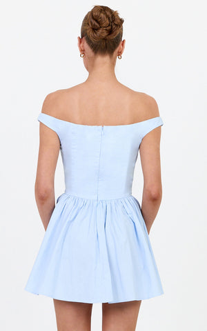 Lacey Mini Dress - Off Shoulder Gathered Waist Dress in Blue