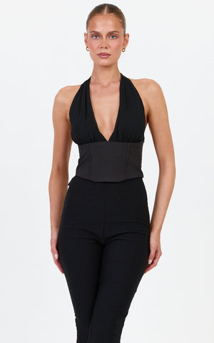 Simone Top - Contrast Corset Halter Neck Top in Black