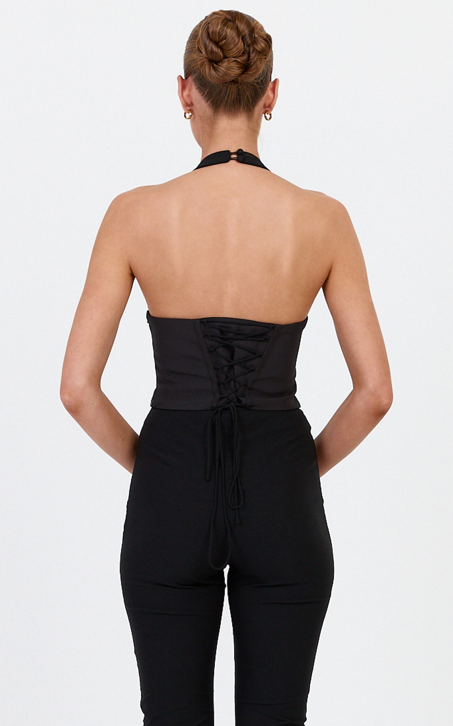 Simone Top - Contrast Corset Halter Neck Top in Black