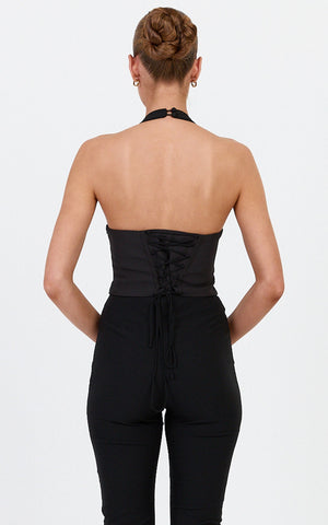 Simone Top - Contrast Corset Halter Neck Top in Black