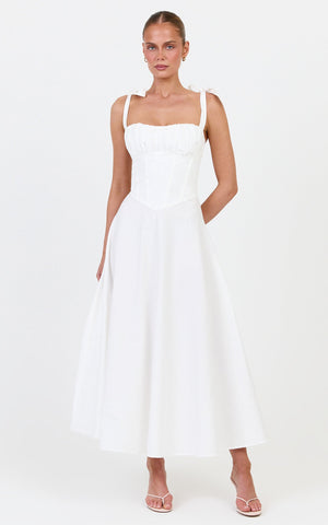Vionette Midi Dress - Tie Shoulder Ruched Bust Corset Dress in White