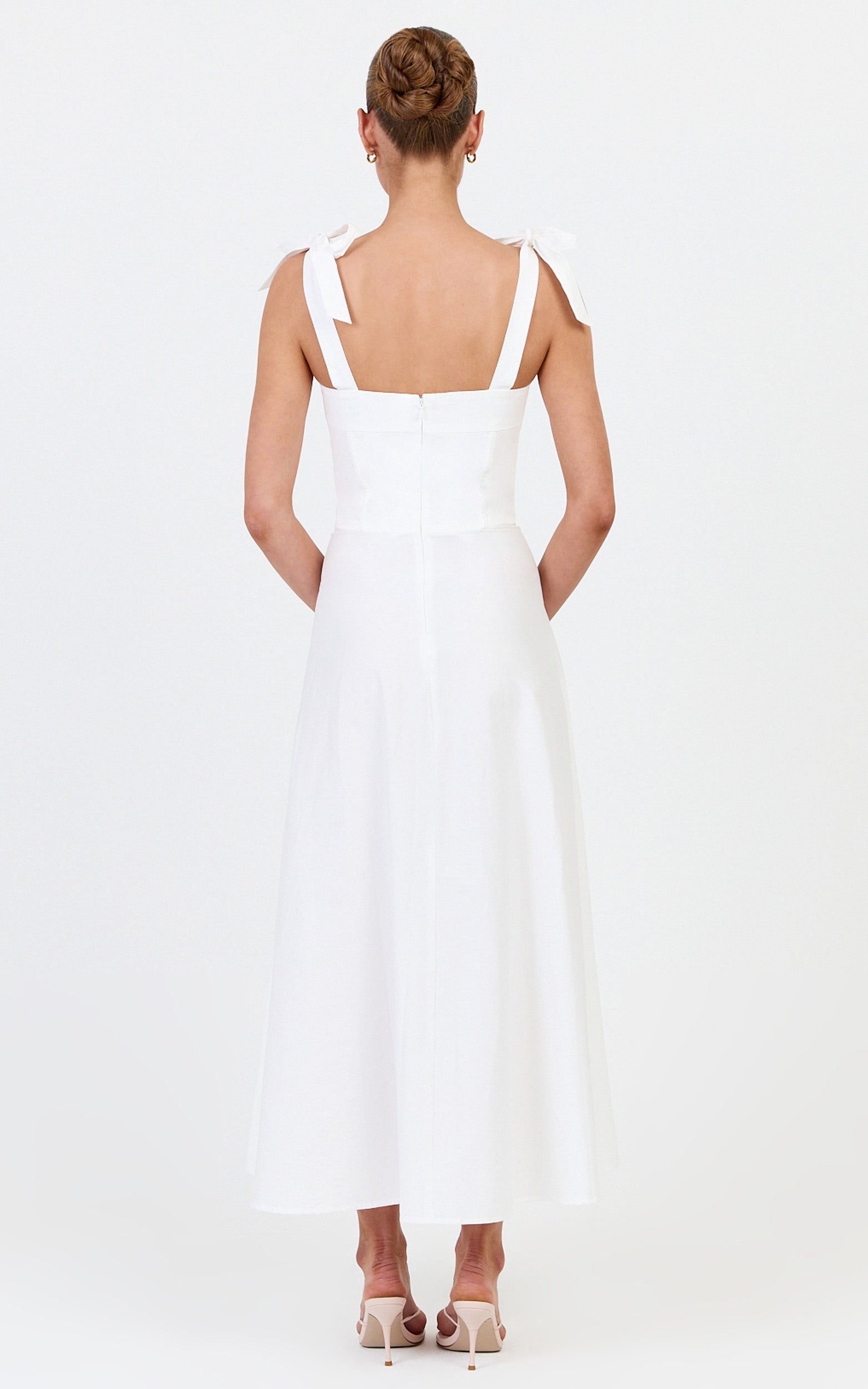 Vionette Midi Dress - Tie Shoulder Ruched Bust Corset Dress in White