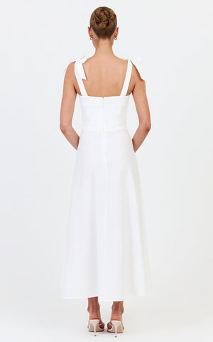 Vionette Midi Dress - Tie Shoulder Ruched Bust Corset Dress in White