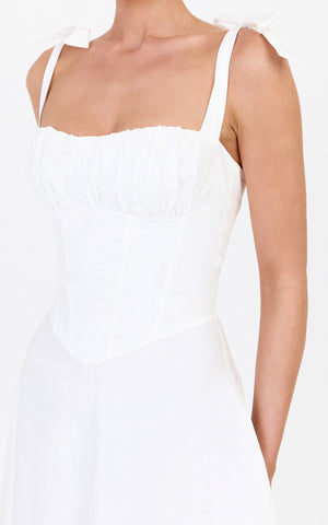 Vionette Midi Dress - Tie Shoulder Ruched Bust Corset Dress in White