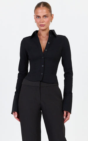 Zareena Top - Button Down Collar Shirt in Black