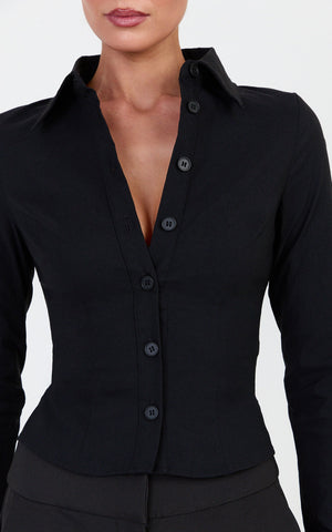 Zareena Top - Button Down Collar Shirt in Black