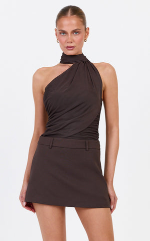 Lucienne Bodysuit - One Shoulder Draped Scarf Bodysuit in Chocolate