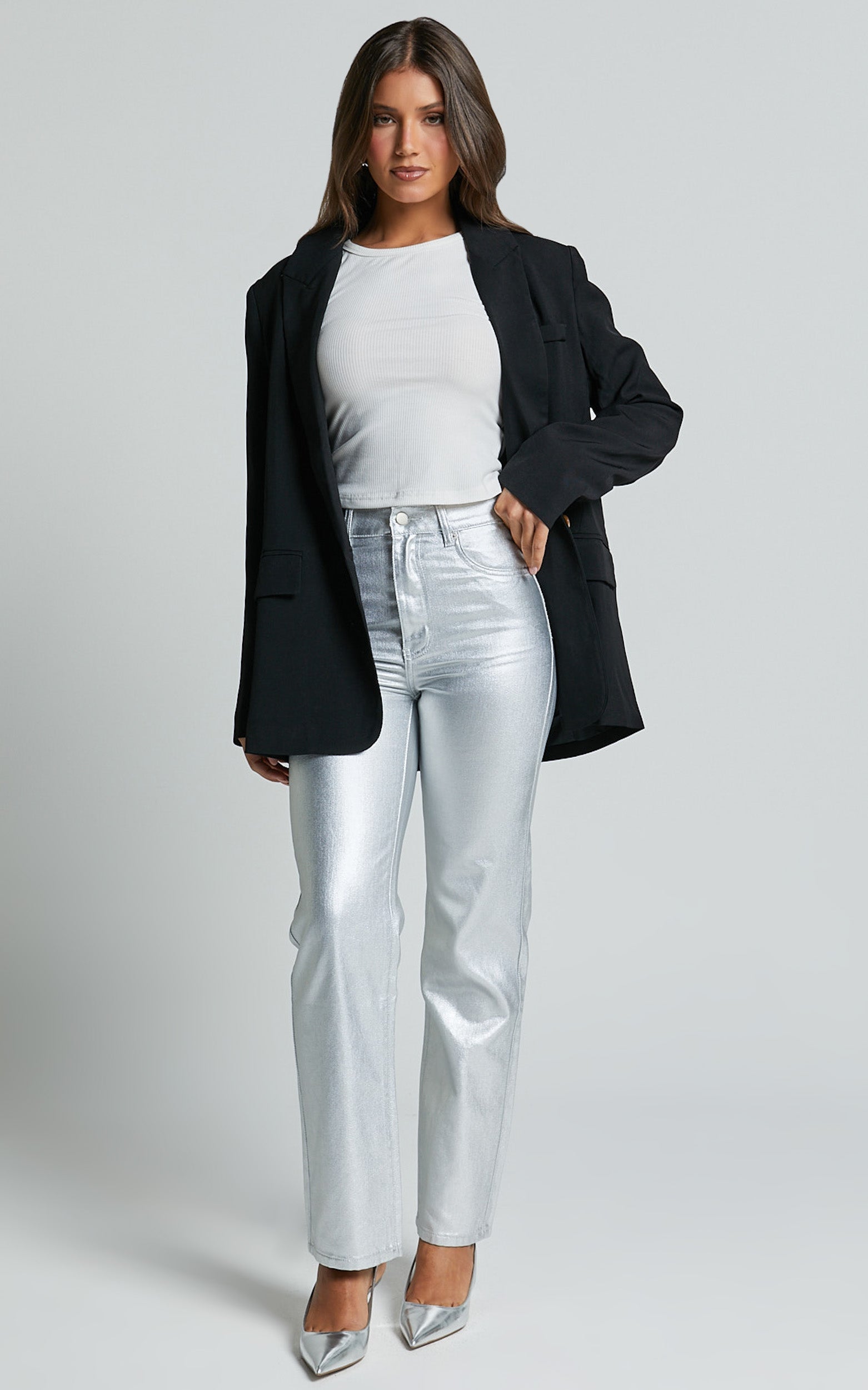 Addison Jeans - High Waisted Metallic Jeans in Silver