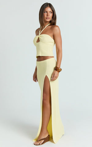 Agnes Top - Halter Neck Cut Out Knitted Top in Lemon