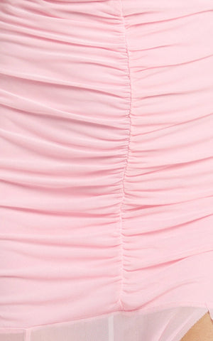 Alanna Maxi Dress - Off Shoulder Ruched Mesh Dress in Pink
