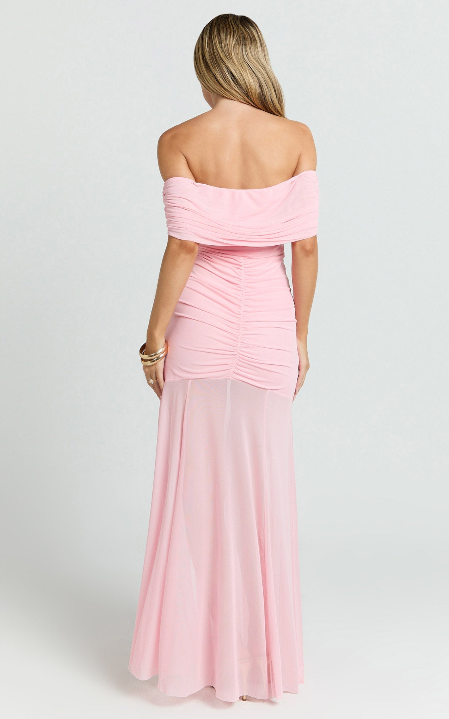Alanna Maxi Dress - Off Shoulder Ruched Mesh Dress in Pink