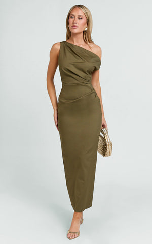 Alexandria Midi Dress - Tip Shoulder Draped Fitted Dress in Olive
