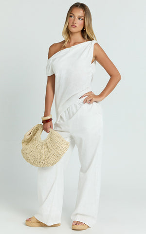 Annalie Two Piece Top and Pants Set - Off Shoulder Linen Set in White