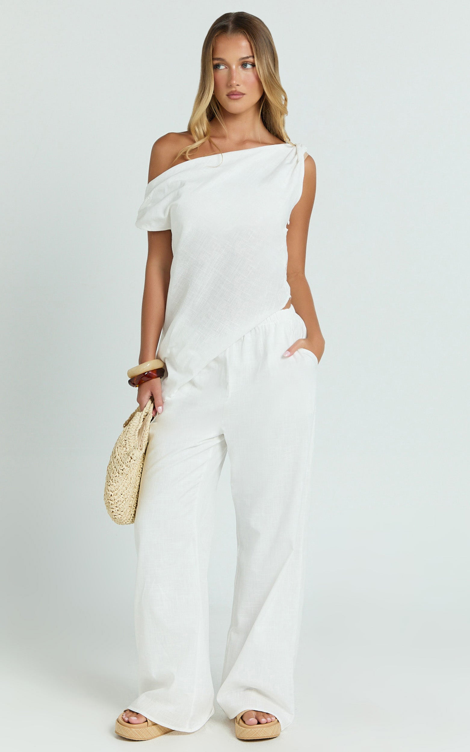 Annalie Two Piece Top and Pants Set - Off Shoulder Linen Set in White