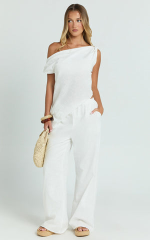 Annalie Two Piece Top and Pants Set - Off Shoulder Linen Set in White