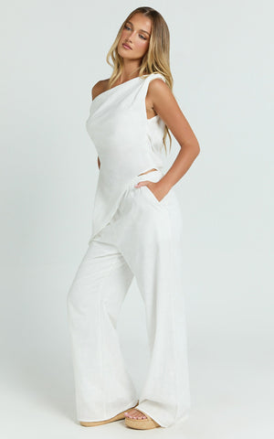 Annalie Two Piece Top and Pants Set - Off Shoulder Linen Set in White