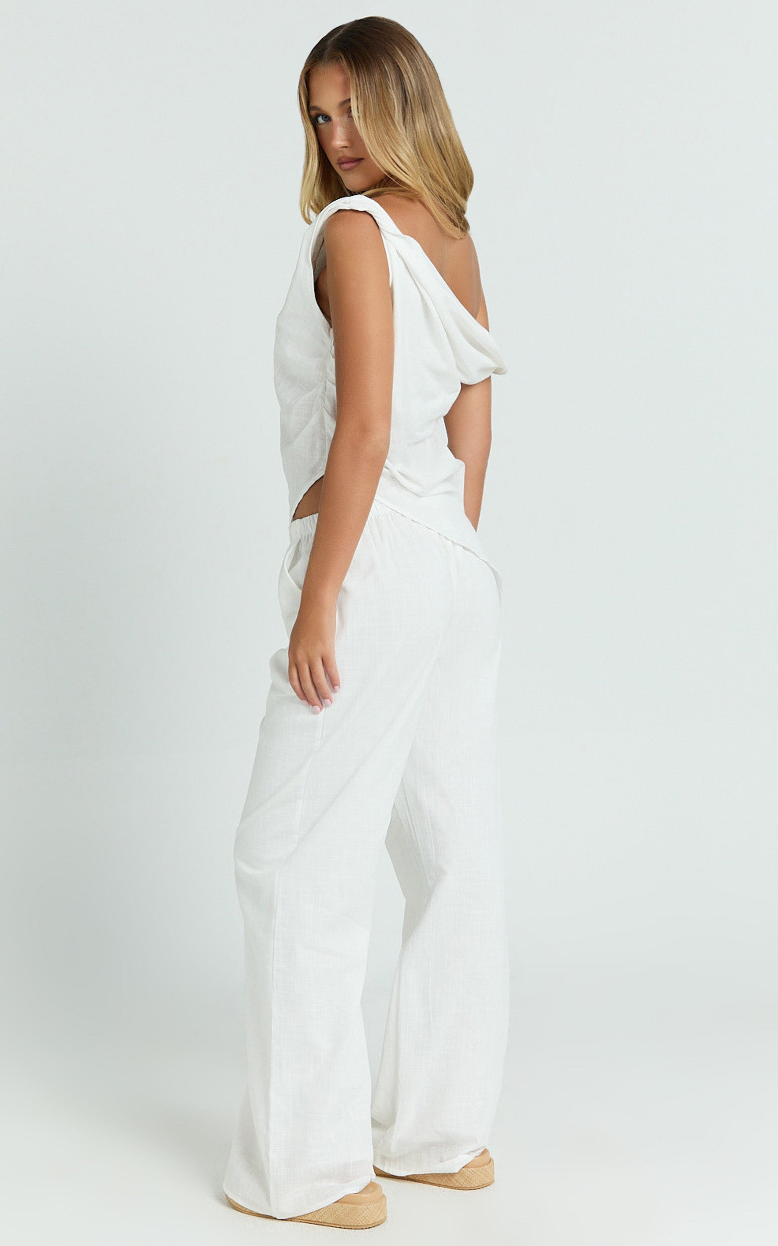 Annalie Two Piece Top and Pants Set - Off Shoulder Linen Set in White