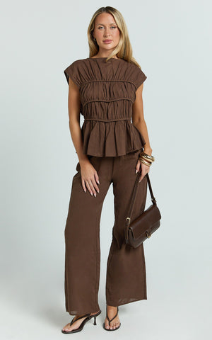 Auric Two Piece Set - Ruched Detail Top and Wide Leg Pants Set in Brown