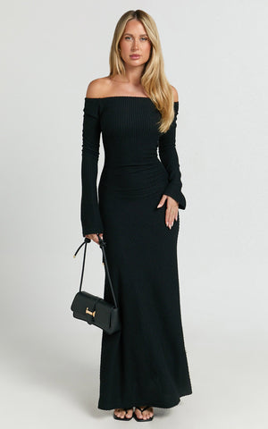 Ayla Maxi Dress - Off Shoulder Flared Sleeve Bodycon Dress in Black