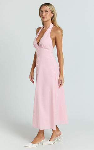 Beata Midi Dress - Plunge Halter A Line Dress in Pink